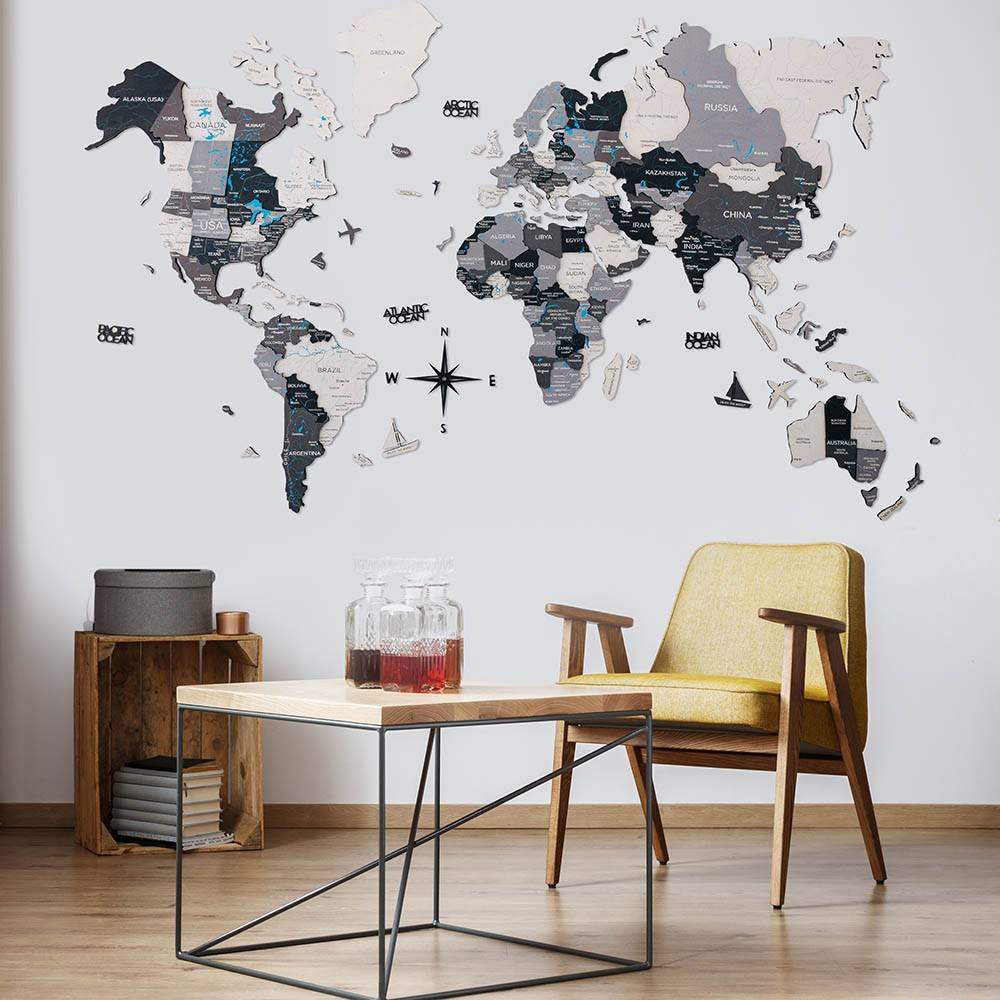 Décoration bois carte du monde grise 3D