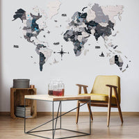 Décoration bois carte du monde grise 3D