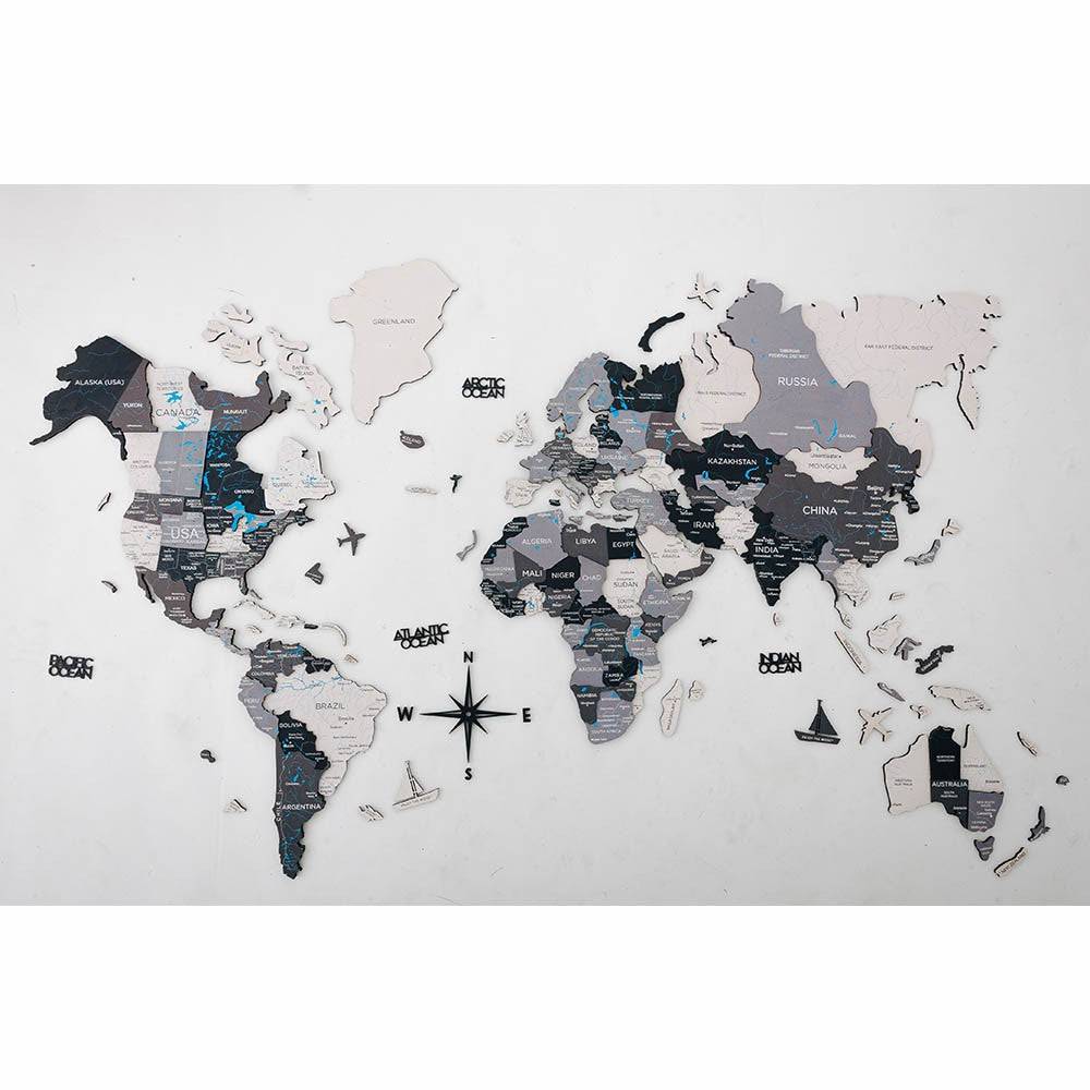 Décoration bois carte du monde grise 3D