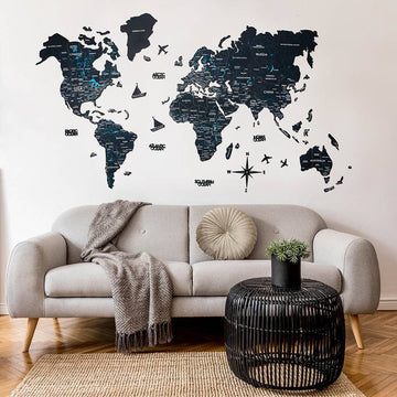 Decoration carte du monde bois noir 2D