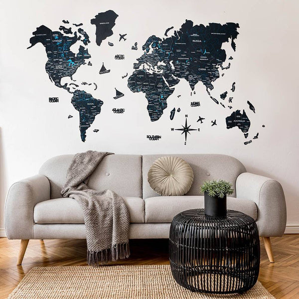 Decoration carte du monde bois noir 2D