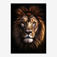 Portrait rapproché d'un lion au regard direct, avec une crinière dorée épaisse, sur fond noir.