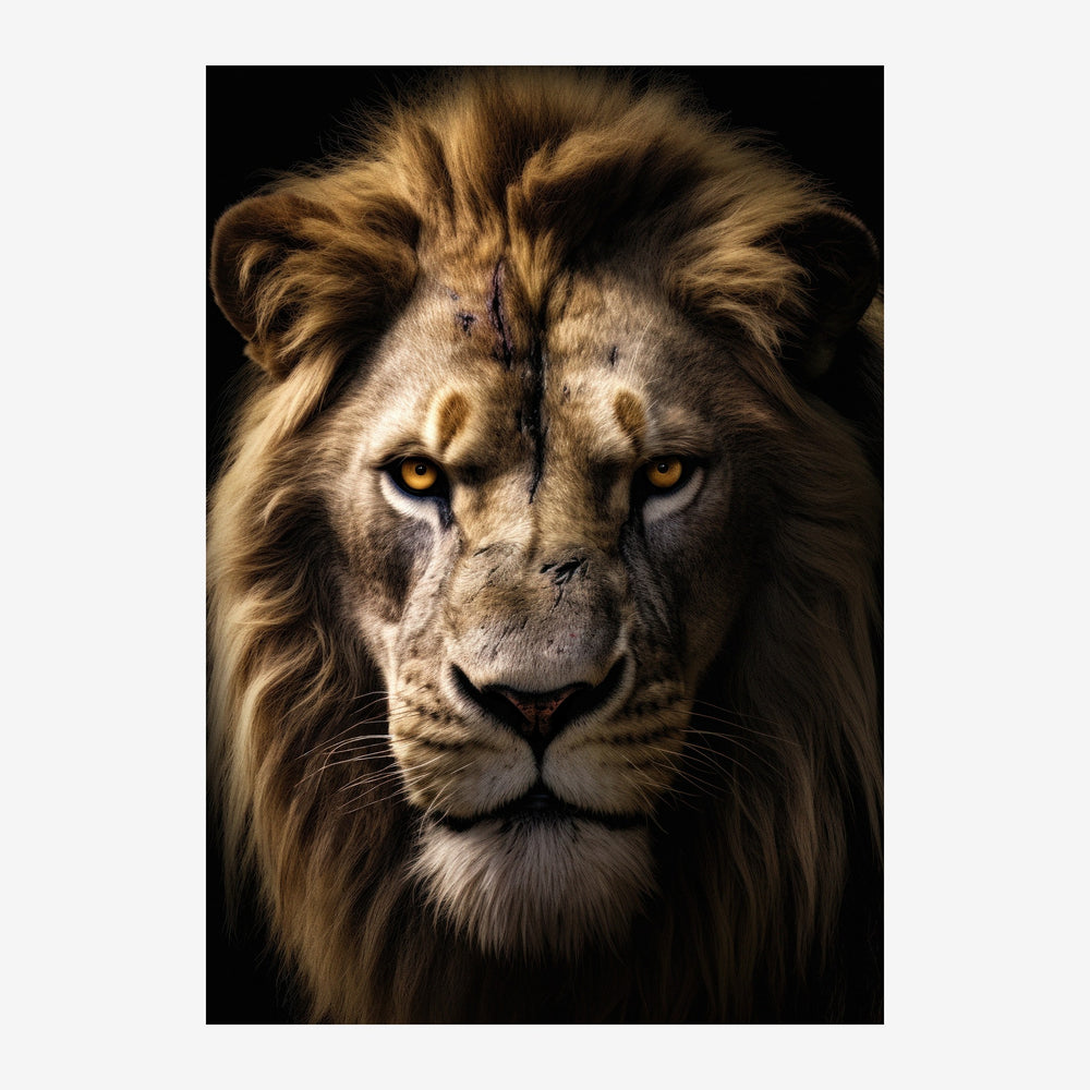 Portrait rapproché d'un lion face à la caméra, aux yeux dorés, crinière brune et or, sur fond noir.