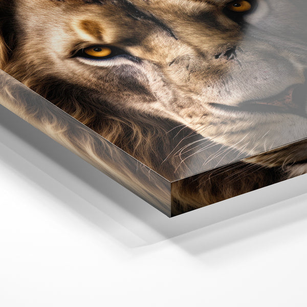 Lion crinière dorée, regard frontal noir et or — Verre acrylique