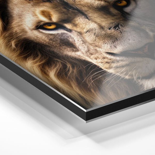 Lion crinière dorée, regard frontal noir et or — Aluminium Dibond relief 3D