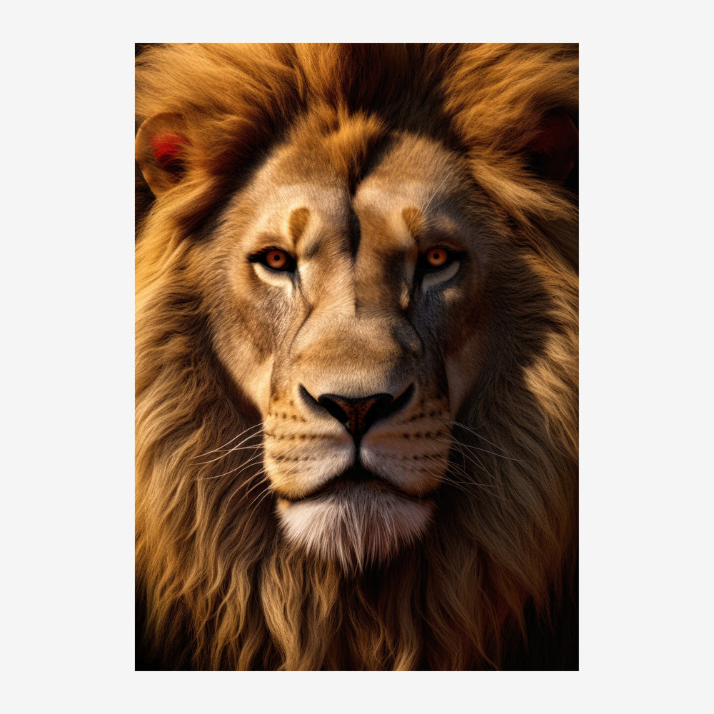 Portrait rapproché d'un lion de face avec une crinière blonde abondante, yeux ambrés intenses et fond noir profond.