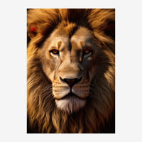 Portrait rapproché d'un lion de face avec une crinière blonde abondante, yeux ambrés intenses et fond noir profond.