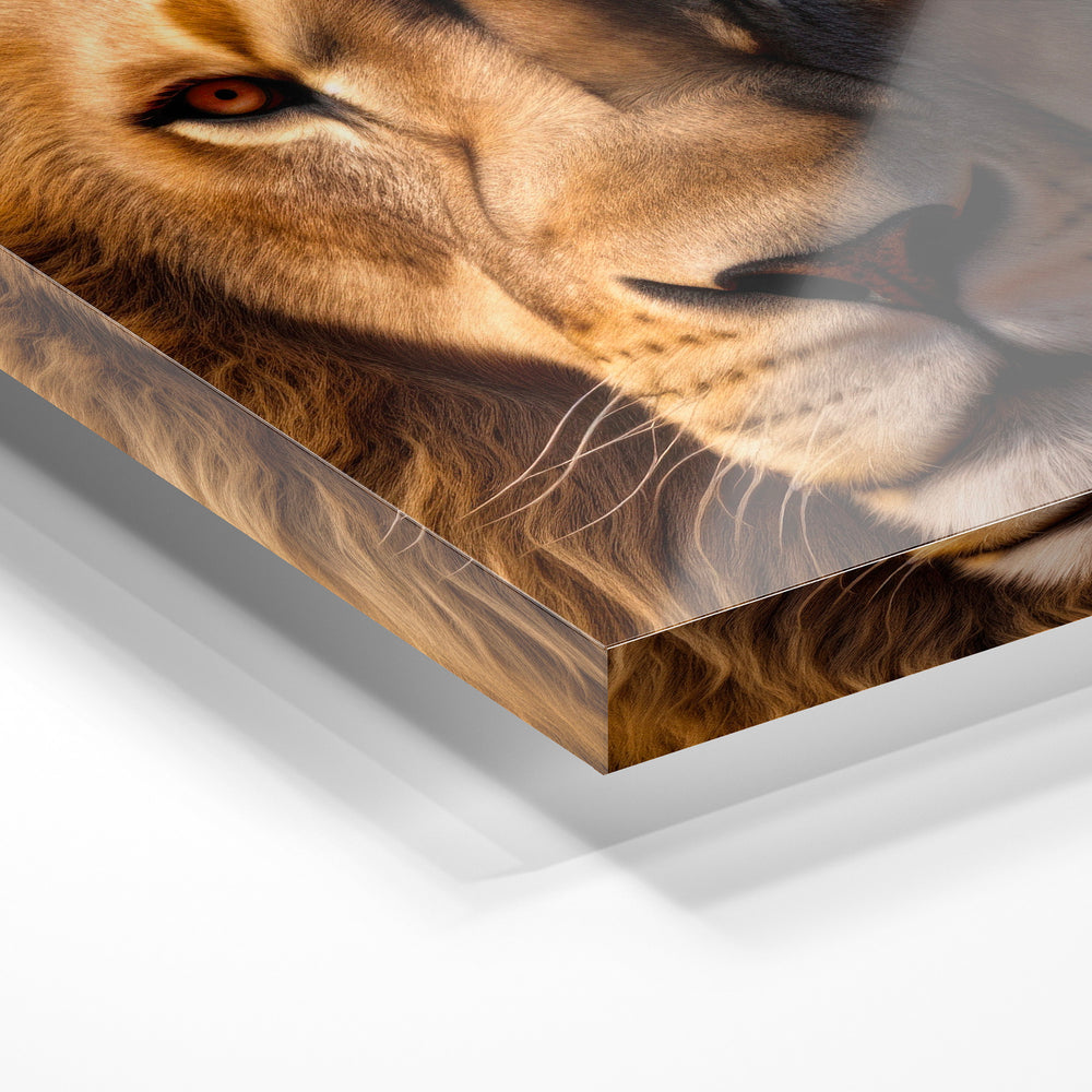 Gros plan de la matière : le tirage sous verre acrylique, tranche transparente visible.