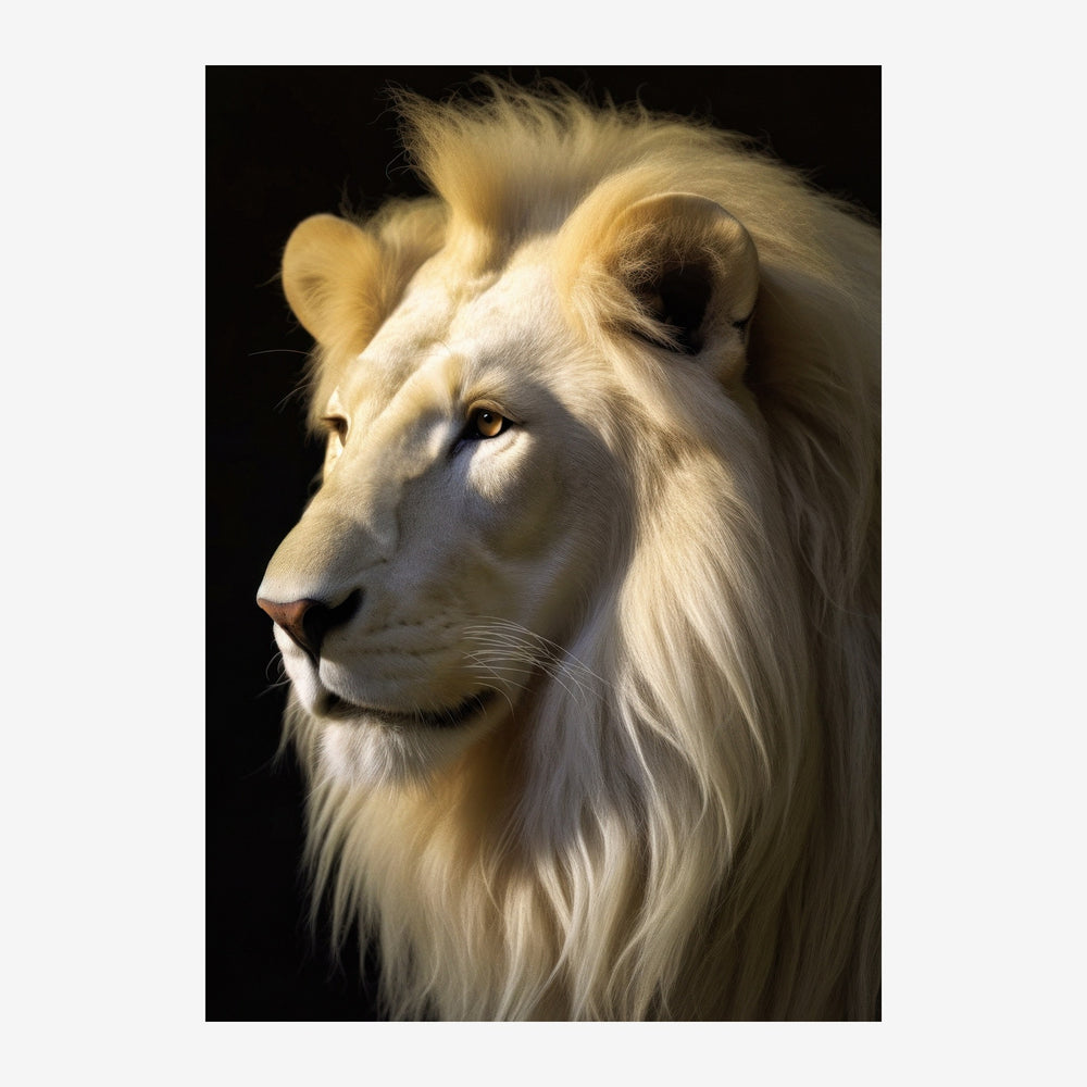 Portrait en profil d'un lion blanc et crème, à la crinière épaisse, sur fond noir.
