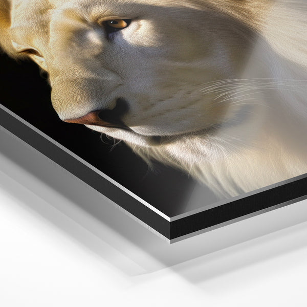 Profil de lion blanc crème, portrait majestueux — Aluminium Dibond relief 3D
