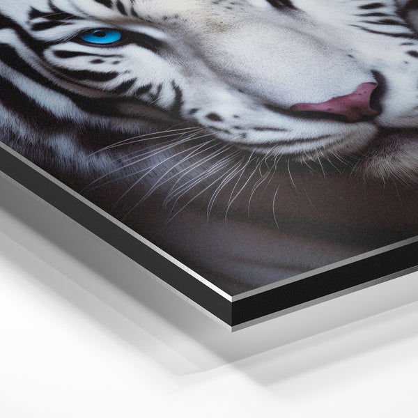 Tigre blanc aux yeux bleus, portrait minimaliste — Aluminium Dibond