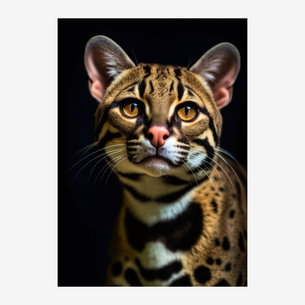 Portrait frontal d'un ocelot aux yeux ambrés sur un fond noir, pelage tacheté en tons dorés et bruns.