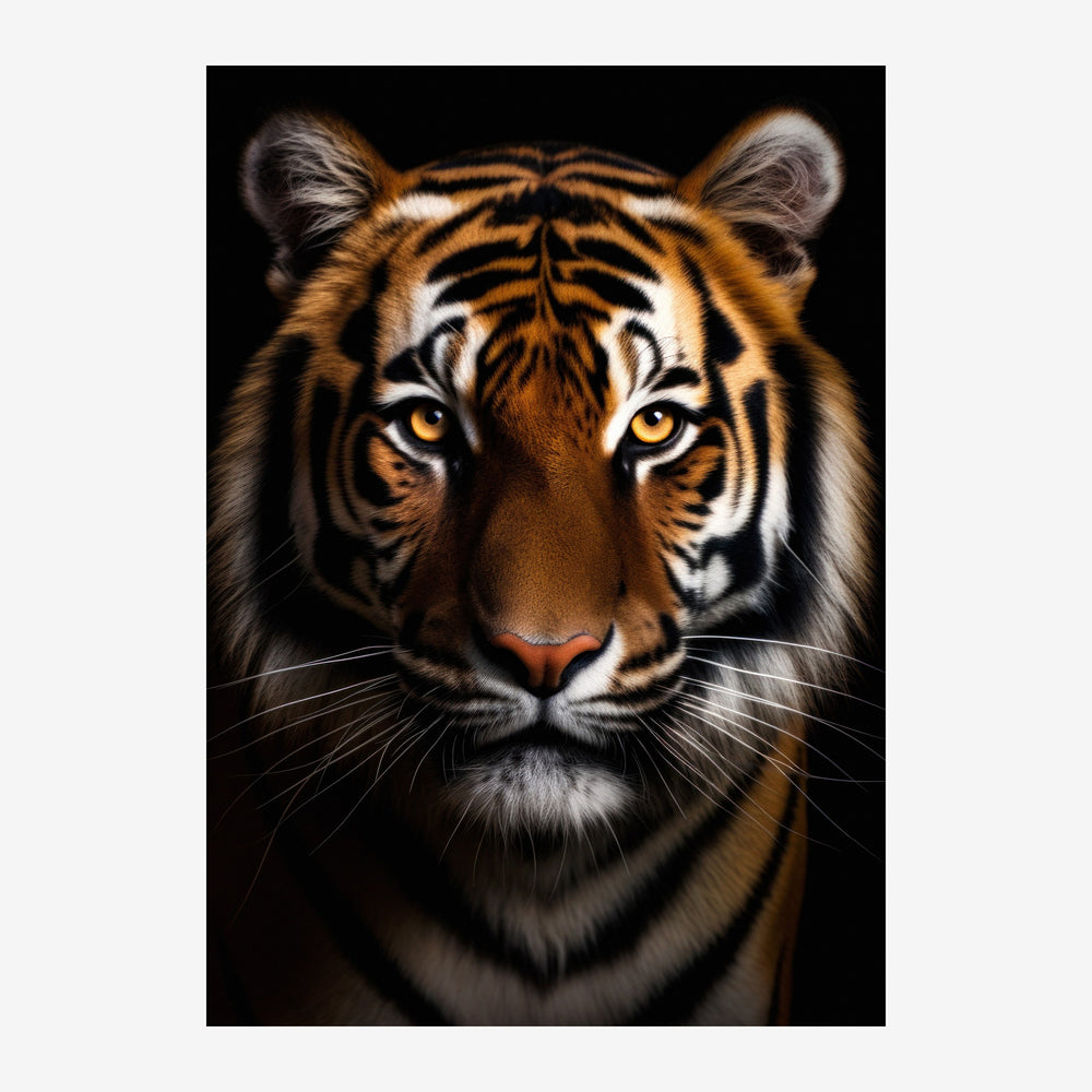 Portrait rapproché d'un tigre au regard direct, aux yeux ambre lumineux, avec un pelage roux et noir sur fond noir.