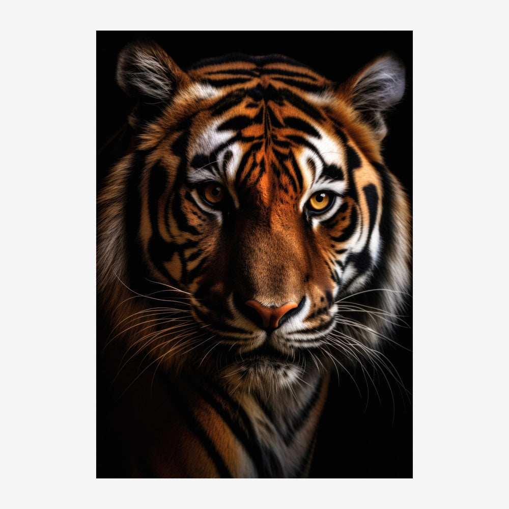 Portrait frontal d'un tigre aux yeux ambre intenses, rayures noires et orange sur pelage blanc et fauve, contre un fond noir.