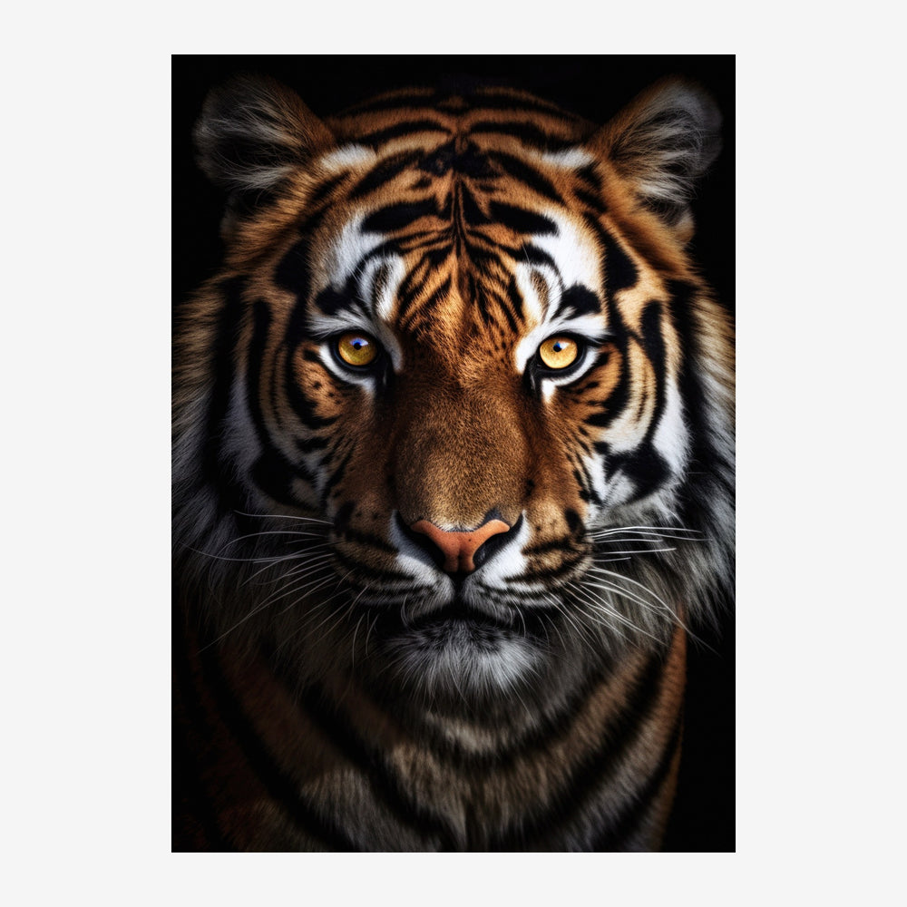 Portrait frontal d'un tigre sur fond noir, avec des yeux jaune doré perçants et des rayures orange et noire distinctes.