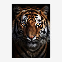 Portrait frontal d'un tigre sur fond noir, avec des yeux jaune doré perçants et des rayures orange et noire distinctes.