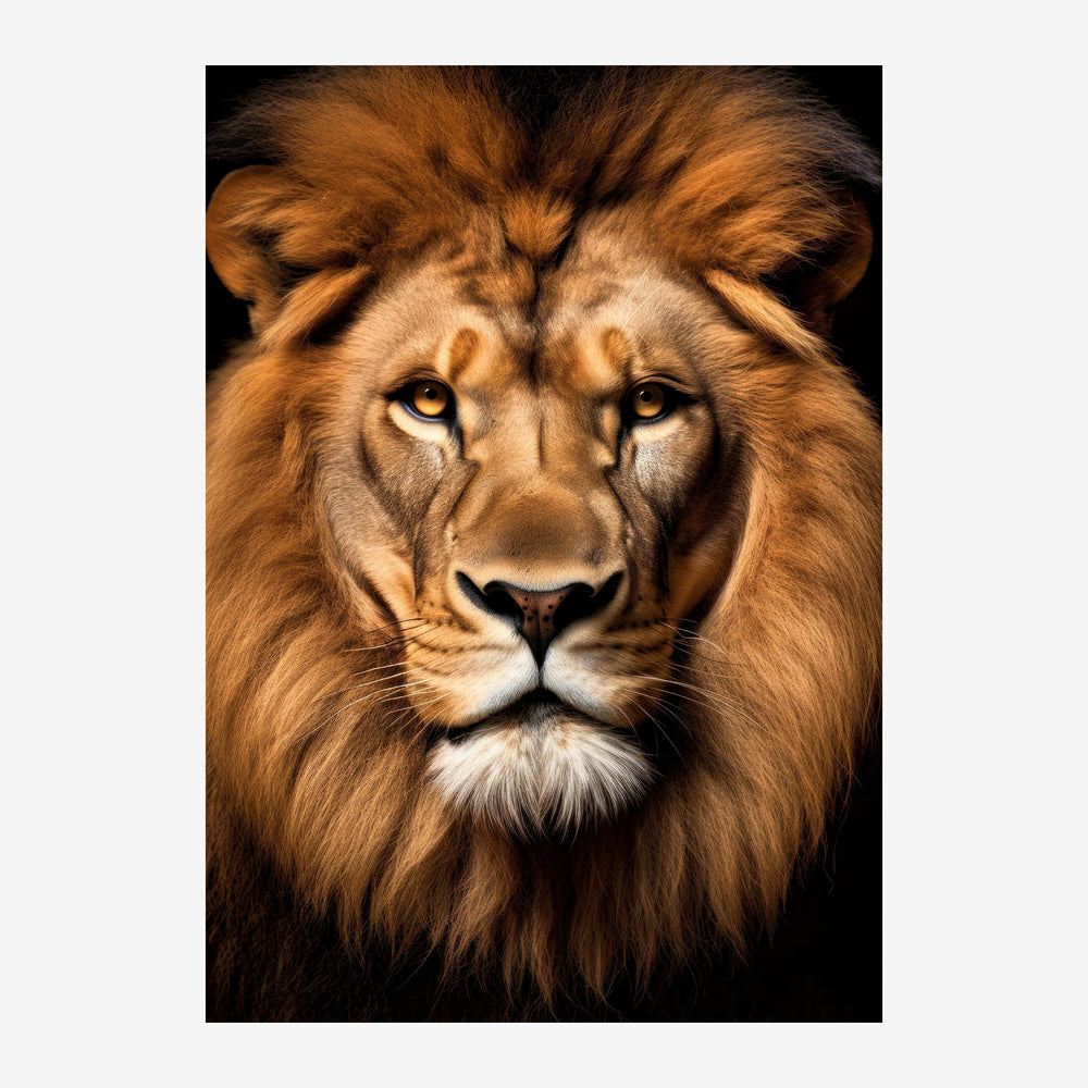 Portrait frontal en gros plan d'un lion aux yeux clairs et à la crinière d'or sur fond noir.