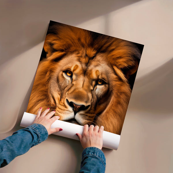 Lion frontal regard fixe or et brun intense — Poster HP mat