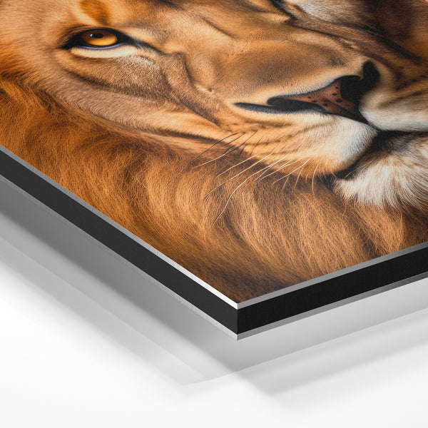 Lion frontal regard fixe or et brun intense — Aluminium Dibond
