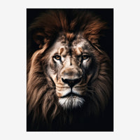Portrait frontal d'un lion aux yeux clairs, avec une crinière brune et dorée, sur un fond noir profond.