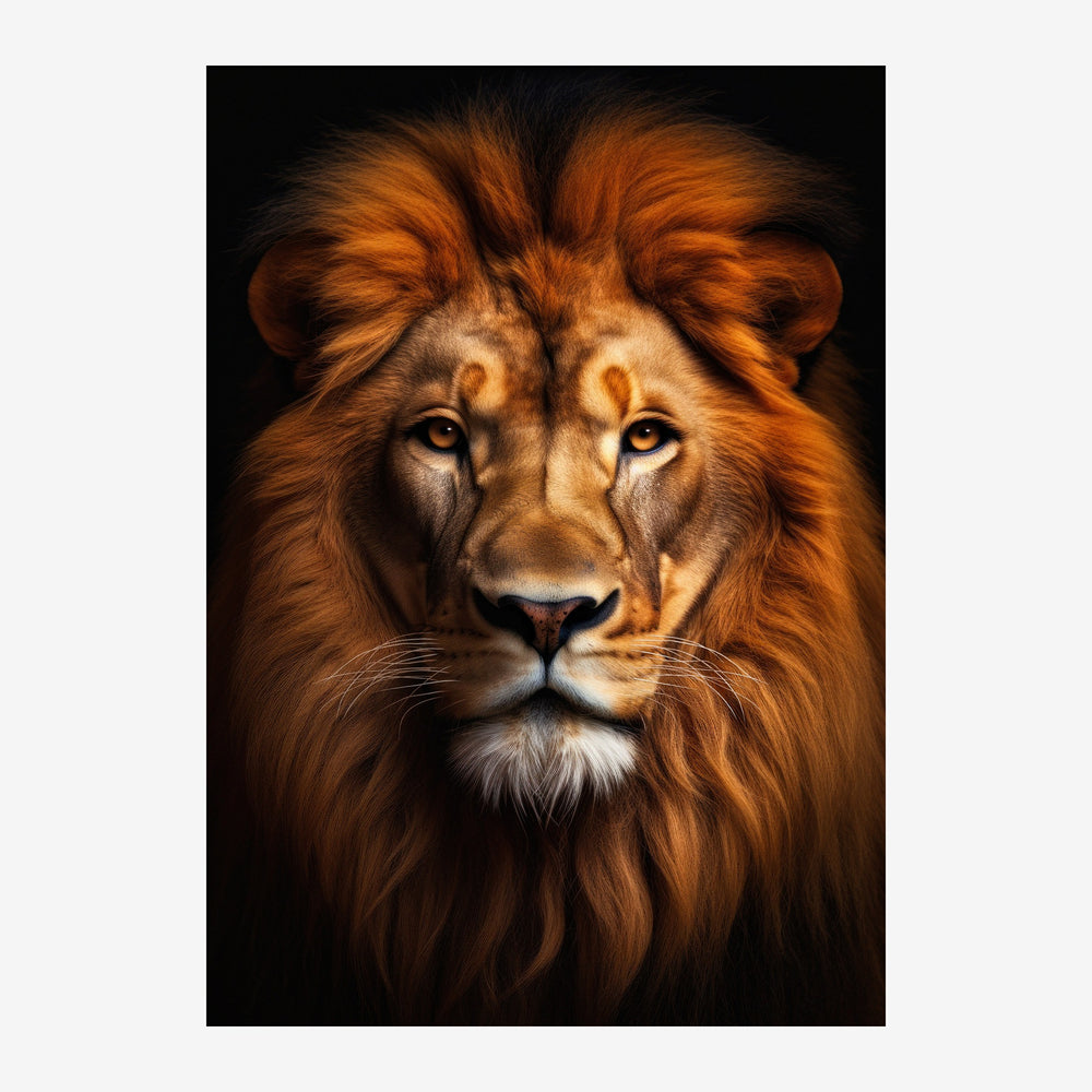 Portrait frontal d'un lion aux yeux dorés, crinière riche en nuances d'or et brun roux, sur fond noir.