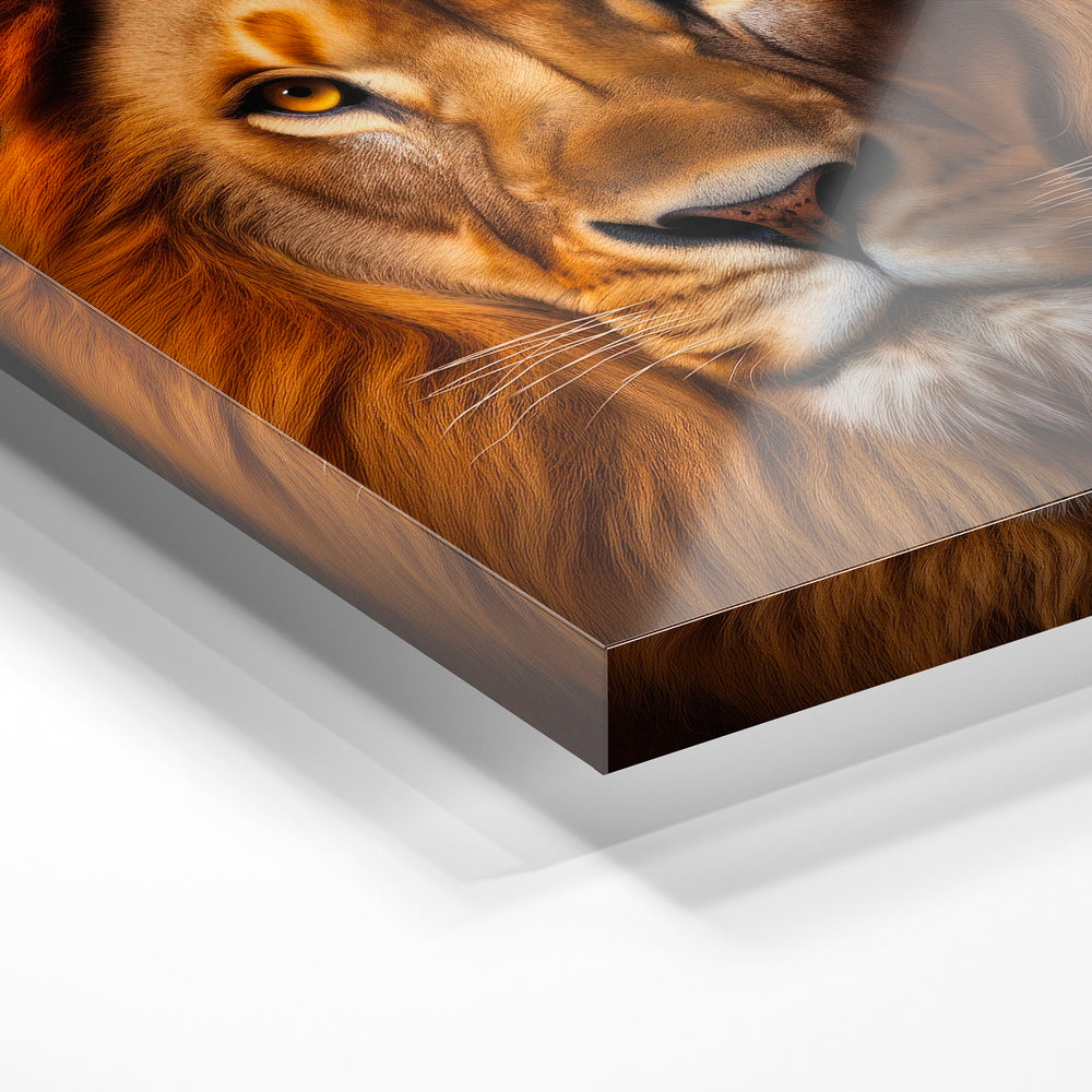 Gros plan de la matière : le tirage sous verre acrylique, tranche transparente visible.