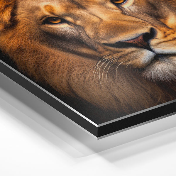 Lion frontal yeux dorés sur noir, hyperréaliste — Aluminium Dibond