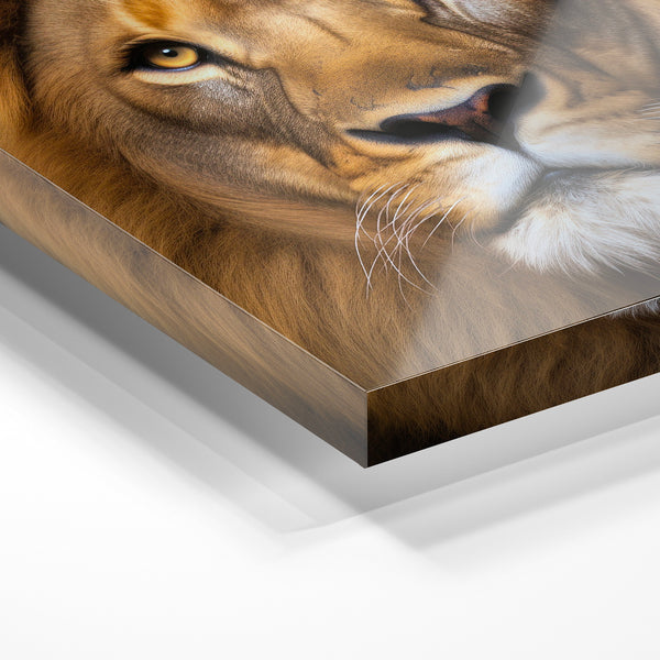 Lion blond face à face, regard intense sur noir — Verre acrylique
