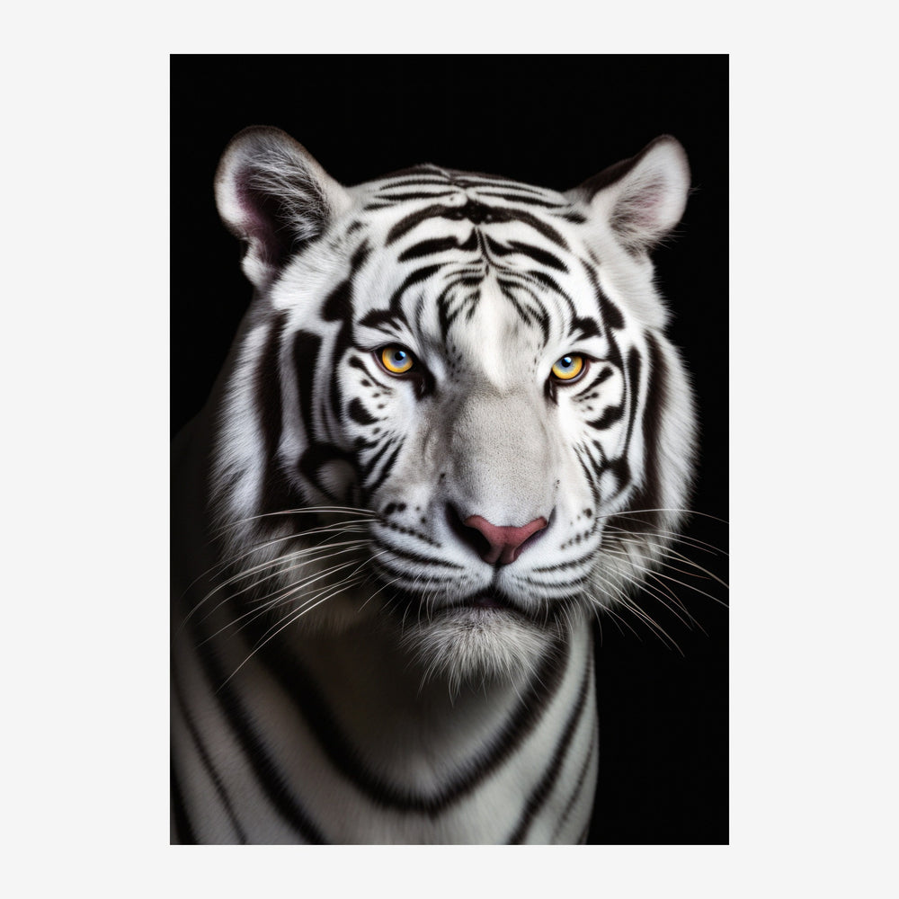 Portrait rapproché d'un tigre blanc regardant la caméra, avec des yeux dorés brillants et des rayures noires distinctes sur.