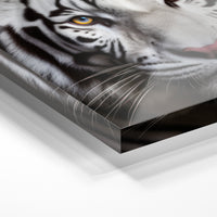 Gros plan de la matière : le tirage sous verre acrylique, tranche transparente visible.