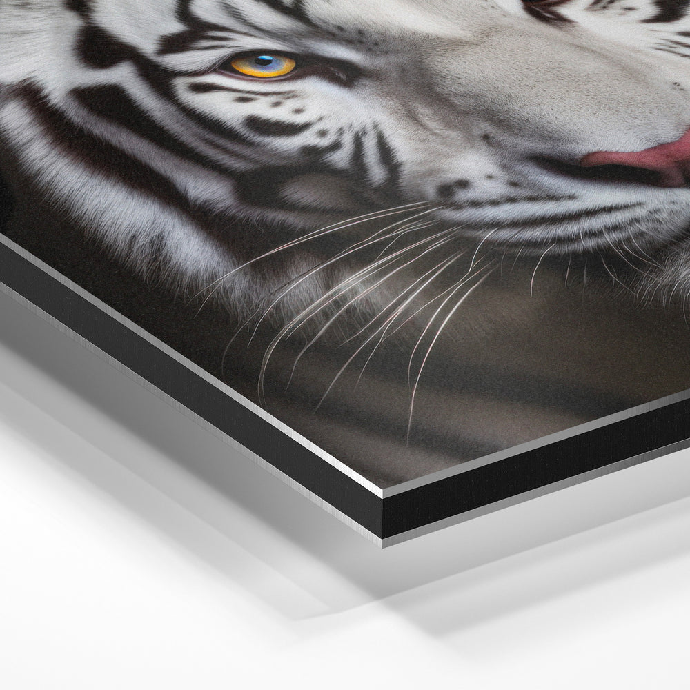 Gros plan de la matière : le tirage contrecollé sur aluminium Dibond mat, tranche visible.