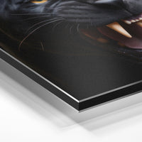 Gros plan de la matière : le tirage contrecollé sur aluminium Dibond mat, tranche visible.