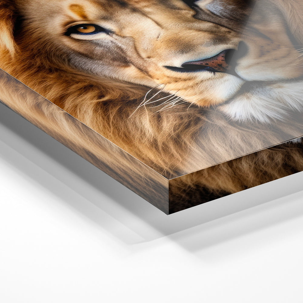 Gros plan de la matière : le tirage sous verre acrylique, tranche transparente visible.