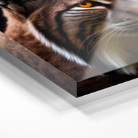 Gros plan de la matière : le tirage sous verre acrylique, tranche transparente visible.