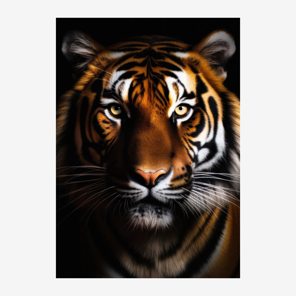 Portrait frontal d'un tigre avec des rayures orange et noires, yeux jaunes brillants, sur fond noir.