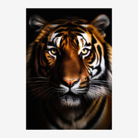 Portrait frontal d'un tigre avec des rayures orange et noires, yeux jaunes brillants, sur fond noir.