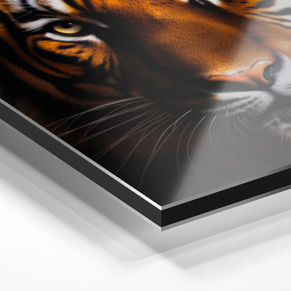 Portrait de tigre noir et or, regard intense — Aluminium Dibond relief 3D
