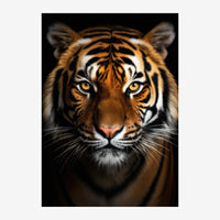 Portrait frontal d'un tigre aux yeux jaune d'or sur fond noir, avec ses rayures noires et rouille bien définies et ses.