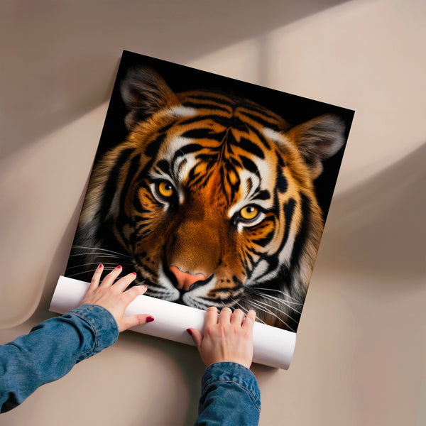 Tigre face avant, rayures orange et noir intense — Poster HP mat