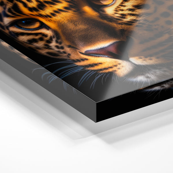 Léopard noir et or, portrait animalier réaliste — Verre acrylique