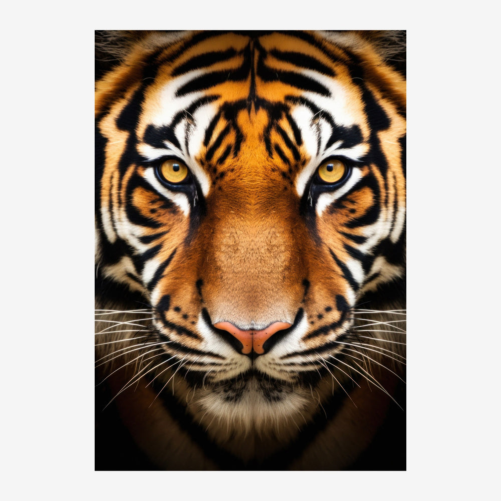 Portrait frontal rapproché d'un tigre aux yeux jaune doré, rayures noires et blanches sur pelage ocre, fond noir.