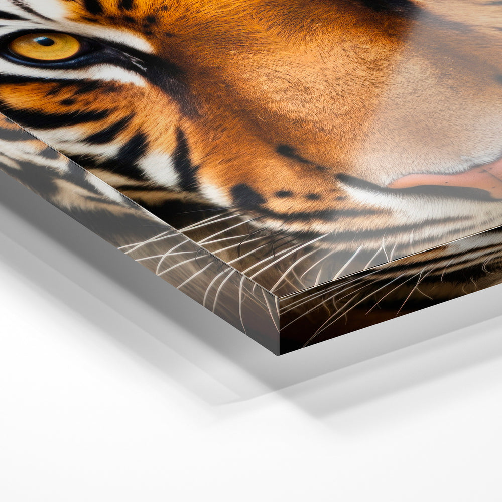 Gros plan de la matière : le tirage sous verre acrylique, tranche transparente visible.