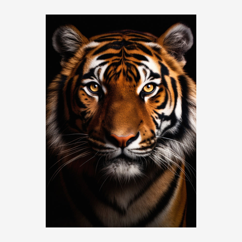Portrait rapproché d'un tigre aux yeux jaunes dorés, pelage roux et noir, sur fond noir.