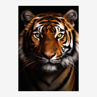 Portrait rapproché d'un tigre aux yeux jaunes dorés, pelage roux et noir, sur fond noir.