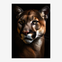 Portrait frontal d'un cougar aux yeux jaunes sur fond noir, montrant les détails du pelage fauve et des traits du félin.