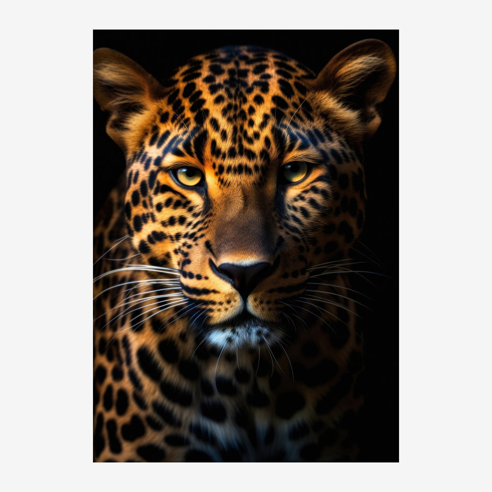 Portrait frontal d'un léopard aux yeux jaunes intenses sur fond noir, avec un pelage tacheté en nuances de doré et marron.