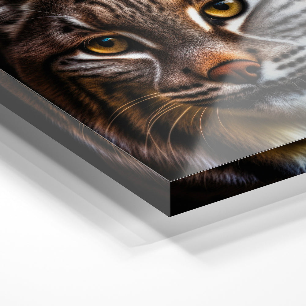 Gros plan de la matière : le tirage sous verre acrylique, tranche transparente visible.