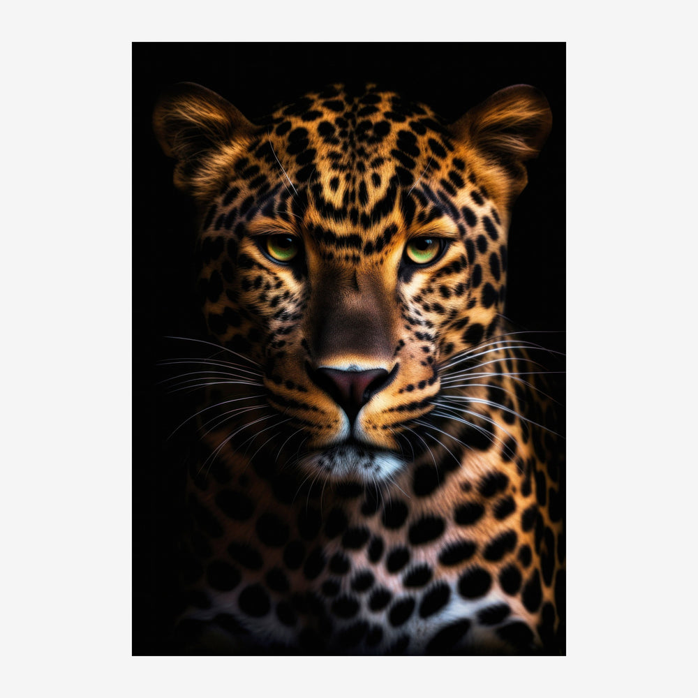 Portrait frontal d'un léopard au pelage doré avec des taches noires, aux yeux jaune vif, sur un fond noir.