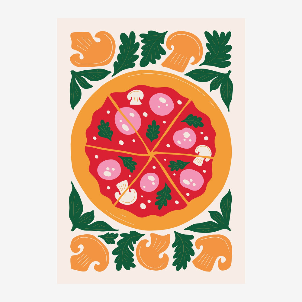 Illustration d'une pizza découpée en six parts, garnie de champignons et basilic, entourée de motifs ornementaux symétriques.