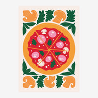Illustration d'une pizza découpée en six parts, garnie de champignons et basilic, entourée de motifs ornementaux symétriques.